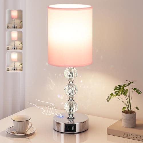 Image of Aooshine Touch Pink Table Lamp, Crystal Bedside Lamps with 3 Way Dimmable, Small Bedside Lamp with USB C+A Charging Ports, Bedroom Lamps with Pink Fabric Shade for Living Room (LED Bulb Included)