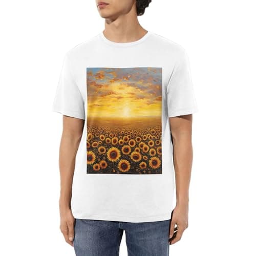 Image of Sunflower Field Sunset Sea of Flowers Print Simplicity Lightweight Short Sleeve Crew Neck Fitness Activities Various Scenarios