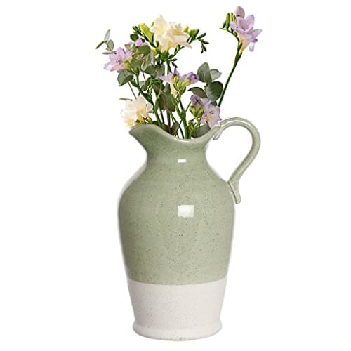 Image of Green & White Flower Vase Pitcher Jug Vase Water Tight Decorative Earthenware Ceramic Table Centrepiece Décor Gift Idea