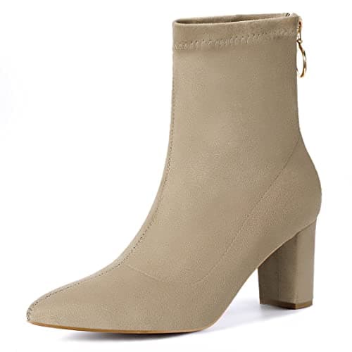 Image of Allegra K Women's Pointed Toe Zipper Chunky Heels Ankle Boots Beige 7