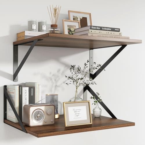 Image of Feihorrm Floating Shelves Set of 2, 40 x 30 cm Deep Shelves for Wall, Walnut Wooden Book Shelf with Metal Brackets, Shelf for Living Room Bedroom Kitchen Bathroom Office