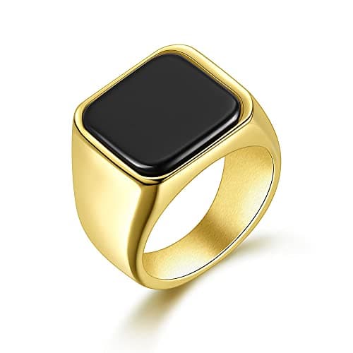 Image of Joliernelle Black Onyx Signet Ring for Men Solid Stainless Steel Classic Band Ring Gold Size Y