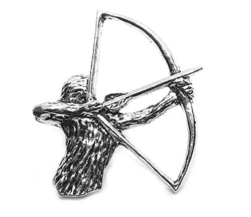 Image of Archer and Bow Arrow Pin Badge Brooch in a Grey Burlap Pouch.