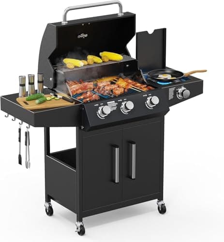 Image of Outopee 3+1 Burner Propane Gas Barbecue Grill with Side Burner, Portable Gas BBQ with Enameled Cast Iron Grate, Warming Rack, Thermometer & Wheels for Patio Garden Party Camping Outdoor Cooking