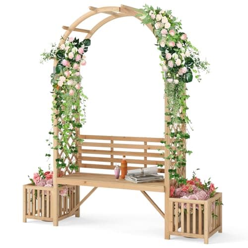 Image of COSTWAY Garden Arch with Bench & Planter Box, 2M Wooden Arbour Trellis Pergola, Rose Vines Climbing Plant Archway Support for Party Ceremony Wedding Lawn Backyard, Natural (Arched Hanging Roof)