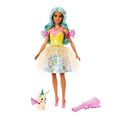 Image of Barbie Doll with Fairytale Outfit and Pet Inspired by Barbie A Touch of Magic, Teresa with Fantasy Hair and Comb - HLC36