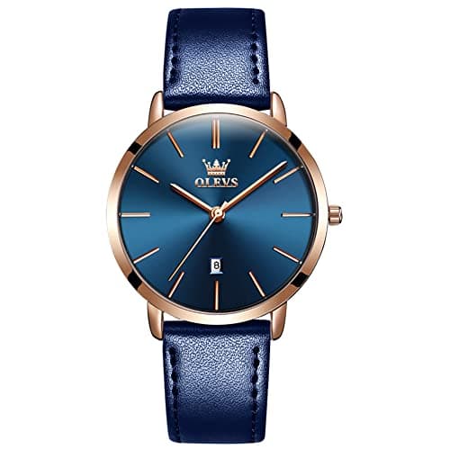 Image of OLEVS Women Wrist Watches Ultra Thin 6.5mm Minimalist Business Dress Waterproof Date Blue Leather Blue Face Strap Slim Watches for Women