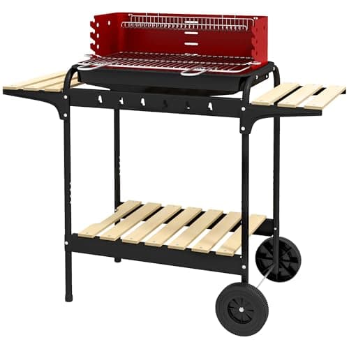 Image of Outsunny Charcoal Barbecue Grill with Adjustable Grill Height, Portable BBQ Trolley with Ash Catcher and Wheels for Outdoor Garden Party Cooking, Red