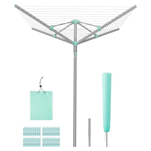 Image of SONGMICS Rotary Washing Line, Clothes Lines for Outside, Foldable Clothes Airer, Outdoor Garden, with Clips and Protective Cover, 164 ft (50 m) Length, for 5 Loads of Laundry, Silver LLR307EZ01