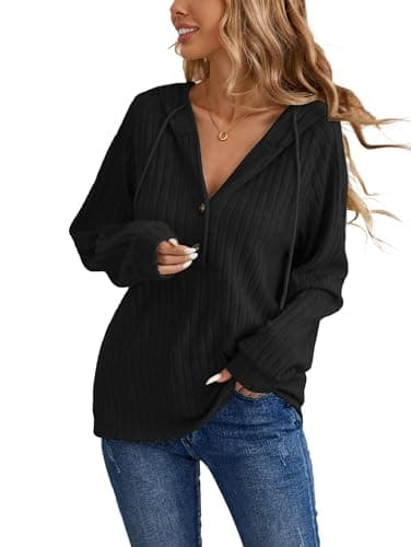 Image of iChunhua Casual Basic V Neck Hoodies Womens Button Up Long Sleeve Tops With Hood Autumn Winter Warm Ladies Hooded Sweatshirt Black L