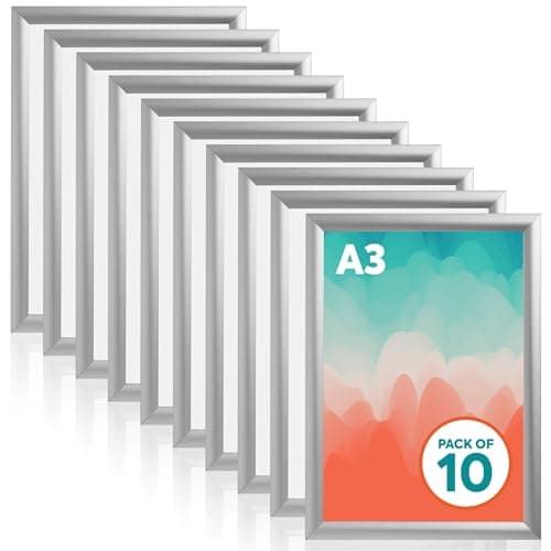 Image of Deflecto A3 Snap Frame (Pack of 10) - Elegant Silver Aluminium Clip Frame for Wall Display - Certificate and Poster Holder with Front Opening Clips