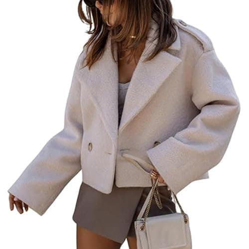 Image of FYHTC Women Cropped Wool Blend Pea Coat Short Jacket Peacoat Long Sleeve Button Down Crop Jacket(Apricot,Small)