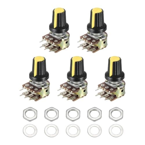 Image of sourcing map 5 Set WH148 B1K Ohm Potentiometer Kit, 6-Pin Split Shaft Rotary Linear Dual Taper Rotary Audio Potentiometer with Knob Nut and Washer for Audio Volume Control, 20mm Shaft, Yellow