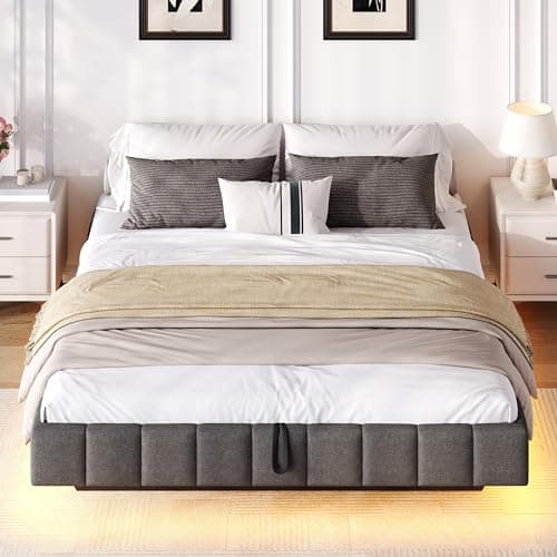 Image of No Headboard Double Ottoman Bed Frame with Hydraulic Storage and Smart RGB LED Lights, 4ft6 Upholstered Floating Platform Bed Frame with Sturdy Wood Slats, Linen Fabric, Grey, 135x190 cm, No Mattress