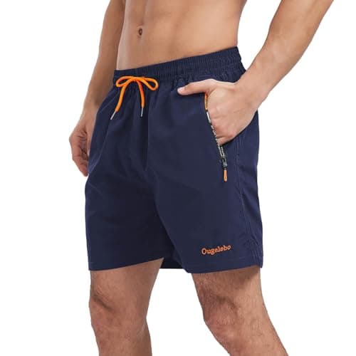 Image of Ougelebo Mens Swimming Shorts Swim Trunks Quick Dry Swim Shorts Men Waterproof Swimming Trunks with Zip Pockets Dark Blue M