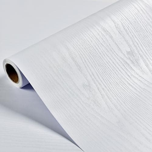 Image of White Self Adhesive Wallpaper Wood Peel and Stick Wallpaper 44.5cmX300cm Vinyl Wrap for Furniture White Sticky Back Plastic Waterproof Removable Wood Grain Wallpaper for Bedroom Living Room Kitchen