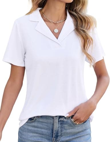 Image of HEEKPEK Womens Blouse Summer Polo Shirts Classic Collared V Neck Short Sleeve Shirt Tops Elegant Ladies Basic Business Casual T-Shirts Tunic Tops(White,M)