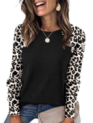 Image of Desol Leopard Print Long Sleeve Top Women Crew Neck Crop Tunic Y2K Tops Casual Going Out Basci Tees Shirts Size 10 12 M