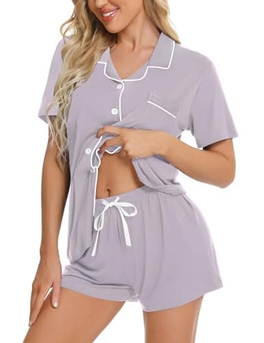 Image of SWOMOG Women Pyjamas Set Short Sleeve Sleepwear Womens Button Down Nightwear PJ Set with Pockets Lilac