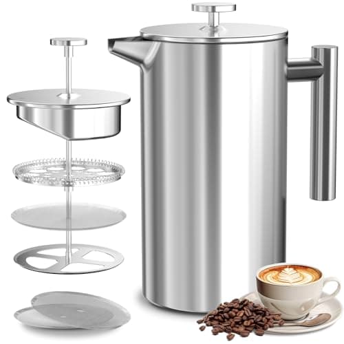 Image of VOSFEEL French Press Cafetiere 8 Cup - 1000ML Stainless Steel Coffee Maker Large Capacity with 3 Level Filtration System, Double Wall Insulation, Easy to Clean