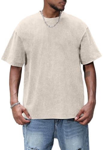 Image of AIYINO 100% Cotton Men's T-Shirt Wash Distressed Color Basic Retro T-Shirt Oversized Vintage Lightweight Daily Clothing Short Sleeves Crew Neck Pullover Unisex Streetwear Smart Work Wear Apricot M