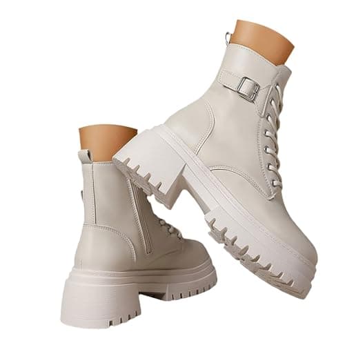 Image of UK 5 Women's Lace up Combat Ankle Boots Fashion Platform Low Chunky Heel Lug Sole Faux Leather Fall Heeled Booties Shoes W/Side Zipper Belt Buckle Punk Footwear Clearance #Z1_Beige