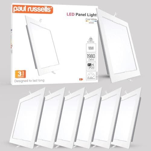 Image of paul russells Ultra Slim LED Recessed Ceiling Spotlights - 18W Cool White (4000K) IP20, Cutout 200-205mm, Square Downlight for Kitchen, Bathroom, Living Room and More Ceiling Mounted use, 6 Packs