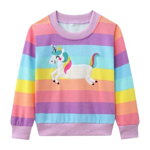 Image of Smazero Little Girls Sweatshirt Cotton Rainbow Unicorn Jumper Long Sleeve Crewneck Pullover Tops for Kids 3-8 Years Clothes