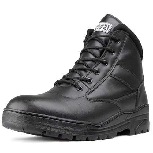 Image of Black Full Leather Combat Mid Height Boots Side Zip Cadet Army Patrol Security Military, Black, 11 UK