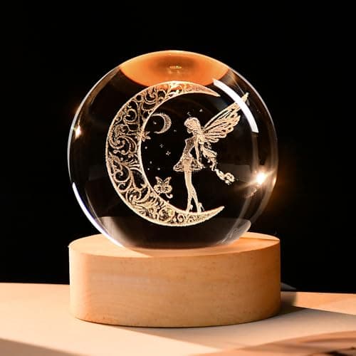 Image of ZRENJHUS Moon Fairy Crystal Ball 60mm Glass Decorative Ball Globe Decor 3D Fairy Night Light Gifts for Girls Women Fairy Lovers with Light Base