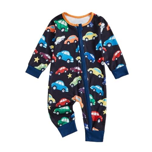 Image of XIXIMAON Infant Baby Boy Rompers Car Print Long Sleeve Crew Neck Zip Up Jumpsuit Newborn One Piece Outfit Baby Grow Boys Overalls Fall Winter Clothes (Black, 6-12 Months)