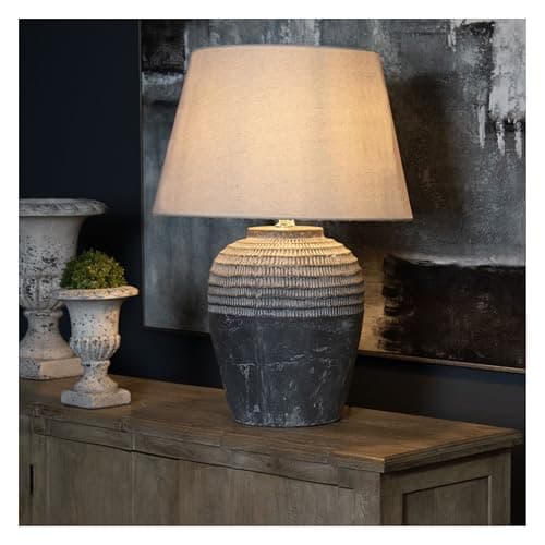 Image of Wholesome Home Grey Stone Base with Tribal Carved Pattern, Decorative Table Lamp, 70cm Height, Beige Shade