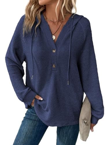 Image of Dokotoo Women's Hoodies Waffle Knit Drawstring Button Womens Pullover Sweatshirt V Neck Long Sleeve Jumpers Women Hooded Tops Plain Casual Ladies Hoodie Top Navy Blue XL