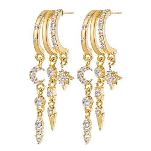 Image of Earrings for Women, 14K Gold Plated/Silver Dangly Earrings, Multi-Hoop Cubic Zirconia Tassel Earrings, Boho Layered Dangle Earrings with Star Moon & Spike Charms Non Tarnish Trendy Jewelry Gifts