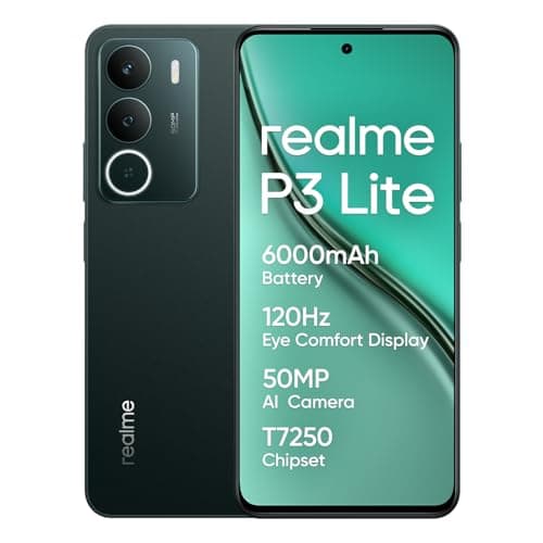 Image of realme P3 lite Smartphone, Green, 8 + 256 GB, 120 Hz Eye Comfort Display, 6000 mAh Battery, T7250 Chipset, 50 MP AI Camera, 15 W Charge, Military-Grade Shock Resistance, Daily Water Resistance (no
