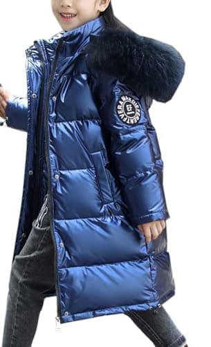 Image of Kids Coats Girls Boys Down Winter Jacket with Faux Fur Collar Waterproof Shiny Warm Coats Hooded Zipper Outerwear Blue 9-10 Years