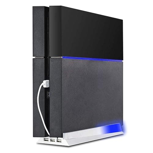 Image of Vertical Stand for PS4 White, Kailisen Blue Light Base Led PS4 Bracket Mount Holder Stand for Playstation 4 Console with 3 USB Hub Ports -White
