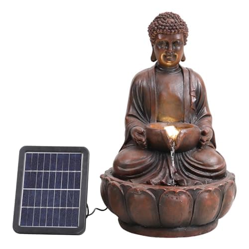 Image of Warmiehomy Solar Powered Garden Water Feature Buddha Solar Water Fountain with Lights,Outdoor Garden Water Fountain Decorative Solar Waterfall Outdoor Garden Ornaments for Yard Decor,Brown