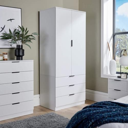 Image of Home Source Phoenix Wardrobe with 2 Doors & 3 Drawers | 181cm Tall White | Hanging Rail & Storage Shelf | Contemporary Bedroom Furniture | 50D x 75W x 181H cm