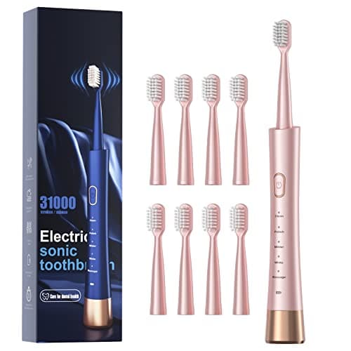 Image of Sonic Electric Toothbrush for Adults, USB Rechargeable Sonic Toothbrush with 8 Brush Heads, Smart Timer, 5 Modes, 2-Hour Fast Charge Last 30 Days, Pink