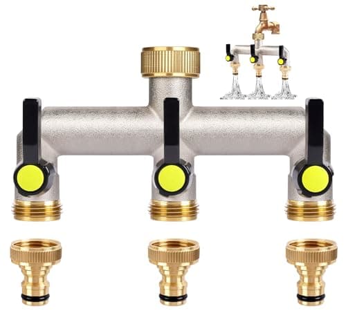 Image of ilauke 3 Way Tap Splitter 3/4 Inch Brass Garden Multi-Functional Hose Connector, Water Distributor with Extended Handle 48mm and 3/4" to 1/2" Tap Connector Adapter for Outdoor Garden Lawn Kitchen