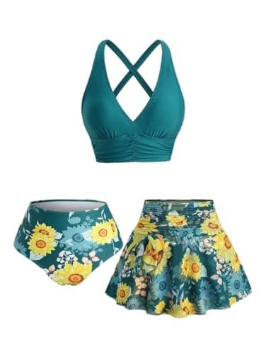 Image of DRESSFO Retro Bikini Sets for Women 3 Piece Vintage Bikini Sunflowers Printed High Waisted Tankini Swimsuits Bathing Suit, Deep Green, XL