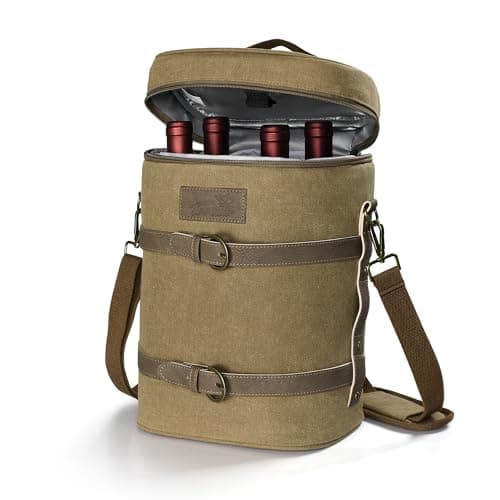 Image of Kato Tirrinia 4 Bottle Insulated Wine Cooler Bag Travel Padded Wine Carrier Tote Bag for Picnic Beach and Camping, Wine Lover Gift Khaki
