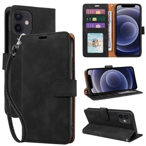 Image of GOTOURED for iPhone 12 Mini Case Wallet, [RFID Blocking 3 Card Slots] [Wrist Strap] [Kickstand] Magnetic Shockproof Protective Leather Flip Cover 12 Mini Phone Case 2025 (Black)