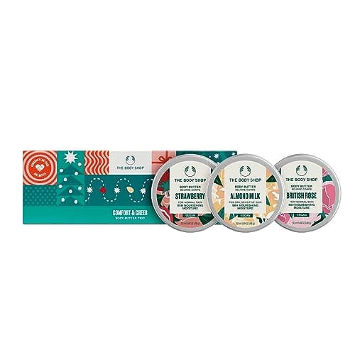 Image of THE BODY SHOP Brand Gift Boxes Ideal for Unisex Adult Trio, 3 x 50 ml, Amond Milk, Strawberry, British Rose Scents Gift Set