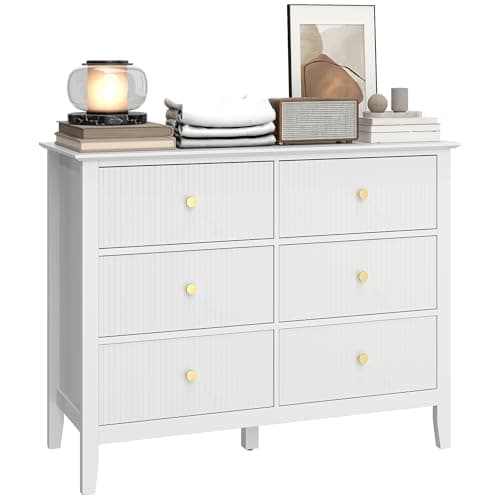 Image of HOMCOM 6 Drawer Chest of Drawers, Fluted Dresser, Wide Modern Storage Unit for Bedroom, Living Room, Hallway, Wardrobe, White