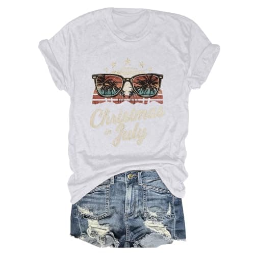 Image of Women's Tops Blouse Top T Shirt for Women Christmas in July Short Sleeve Crew Neck Print Loose Top T-Shirt Long, White, 3XL