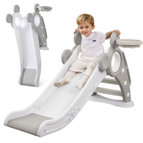 Image of YOLEO 4-in-1 Kids Slide with Basketball Hoop - Baby Slide & Climber Playset, Foldable Indoor Outdoor Toddler Slide for Ages 1-3, Safe Children‘s Garden Slide with Ball & Extended Runout (Grey)