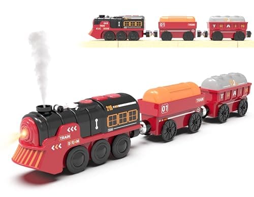 Image of Toy Train Electric Train Set for Wooden Tracks, Christmas Motorized Trains Toys for Toddlers, Battery Operated Trains Includes Lights, Sounds, Smoke, Steam Train Compatible with Thomas, Brio
