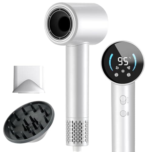 Image of Al salama Pro Low-Noise Ionic Hair Dryer - 120,000 RPM High-Speed, 300M Ions, Quiet Operation, Digital Display, Includes Diffuser and Nozzle - 5X Faster Drying for All Hair Types (Women/Men/Travel)